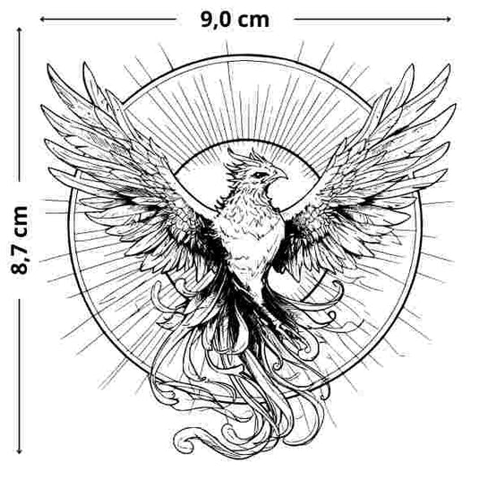 Strahlender Phoenix Tattoo - Temporaeres Jagua-Tattoo, hautfreundlich und flexibel, ideal für den Alltag.