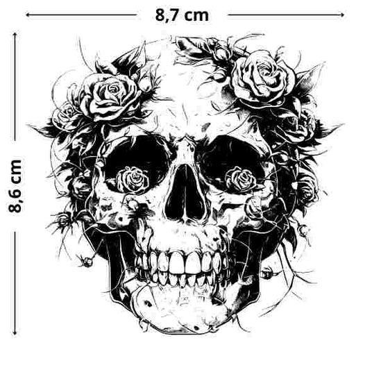 Totenschaedel mit Rosen Tattoo - Temporaeres Jagua-Tattoo, hautfreundlich und flexibel, ideal für den Alltag.