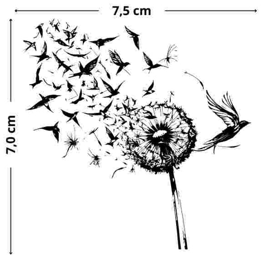 Pusteblume mit Schwalben Tattoo - Temporäres Jagua-Tattoo, vom Wind erfasst, Freiheit, Veränderung, fantasievoll, hautfreundlich, flexibel.