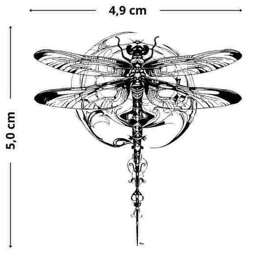 Libelle-Tattoo – Temporäres Tattoo, minimalistisch, naturverbunden, Transformation, feingliedrig, kunstvolle Ornamente, hautfreundlich und flexibel.
