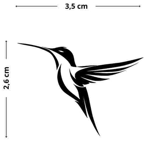 Minimalistisches Kolibri-Tattoo, symbolhaft, dynamisch, klarer Ausdruck, Piktogramm-Stil, temporäres Jagua-Tattoo