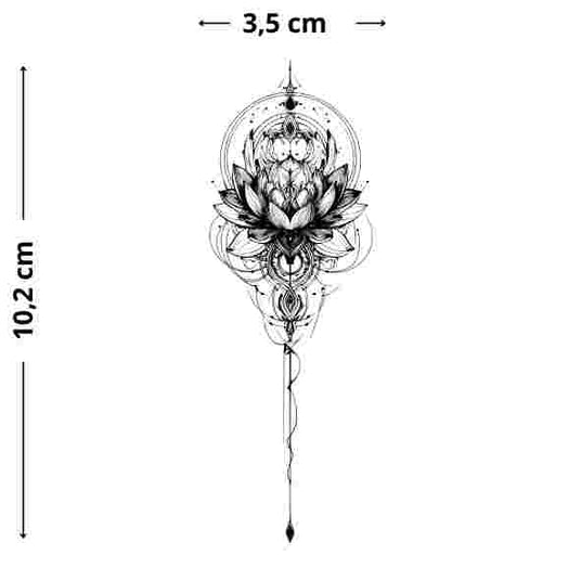 Feingliedriges Yoga-Symbol-Tattoo, länglich, für Nacken oder Wirbelsäule, stilvoll und ästhetisch.