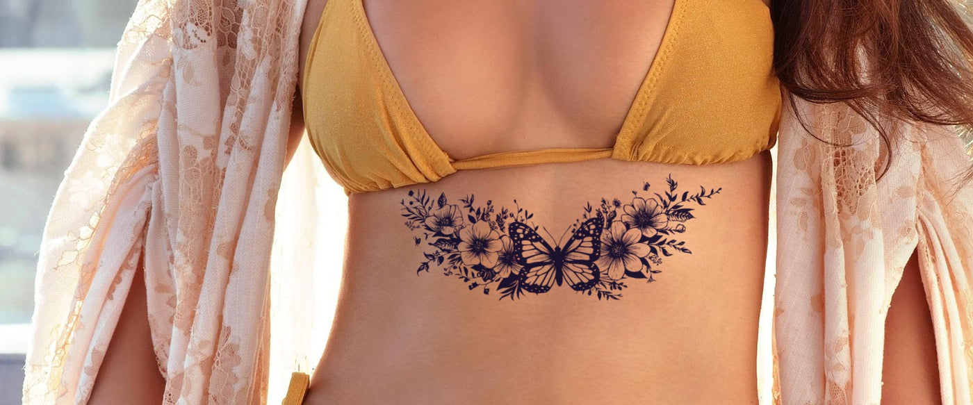 Großes Schmetterling-Tattoo mit Blumen, XL-Design, temporäres Tattoo, Underboop, asymmetrisch, cooles Highlight.