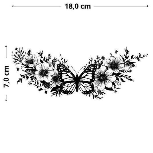 Großes Schmetterling-Tattoo mit Blumen, XL-Design, temporäres Tattoo, Underboop, asymmetrisch, cooles Highlight.