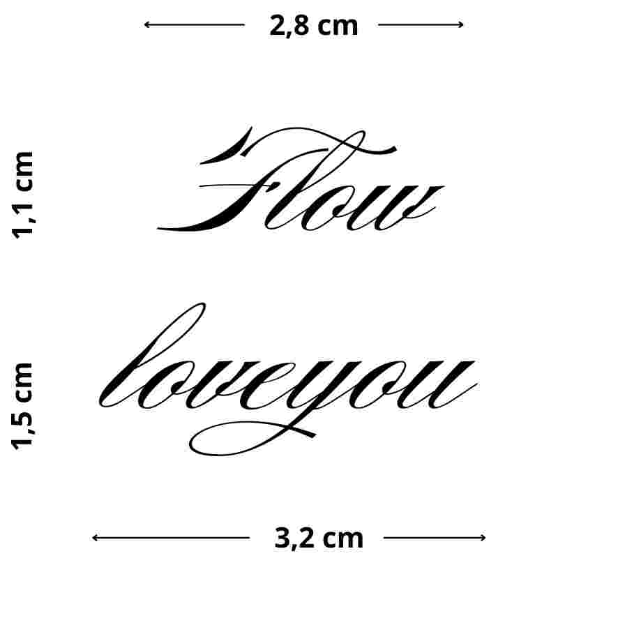 ‘Flow’ und ‘loveyou’ als elegante kalligrafische Schriftzüge – ein temporäres Tattoo-Bundle für stylische Statements.
