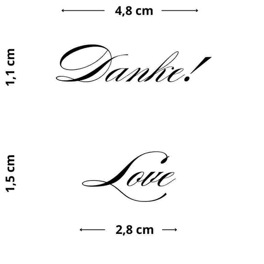 ‘Love’ Tattoo – Filigraner Kalligrafie-Schriftzug, der die klassische Symbolik von Liebe in einem eleganten und zarten Design einfängt. ‘Danke!’ Tattoo – Filigraner Kalligrafie-Schriftzug, der Dankbarkeit stilvoll ausdrückt, ideal für dezente Akzente auf der Haut.