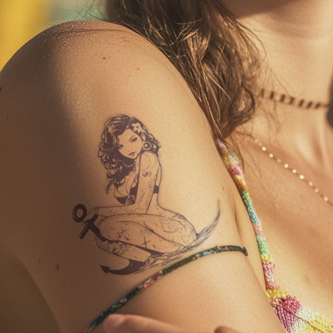 Sexy Beach Girl mit Anker - Temporäres Tattoo (hält bis zu 2 Wochen)