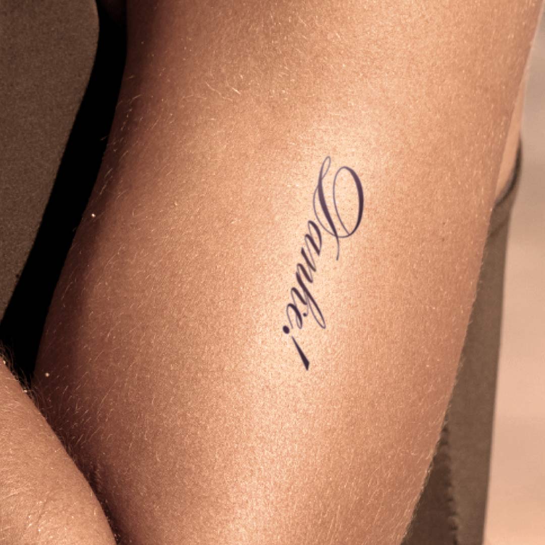 Two-person tattoo: Love &amp; Thank you! – Filigree calligraphy quotes